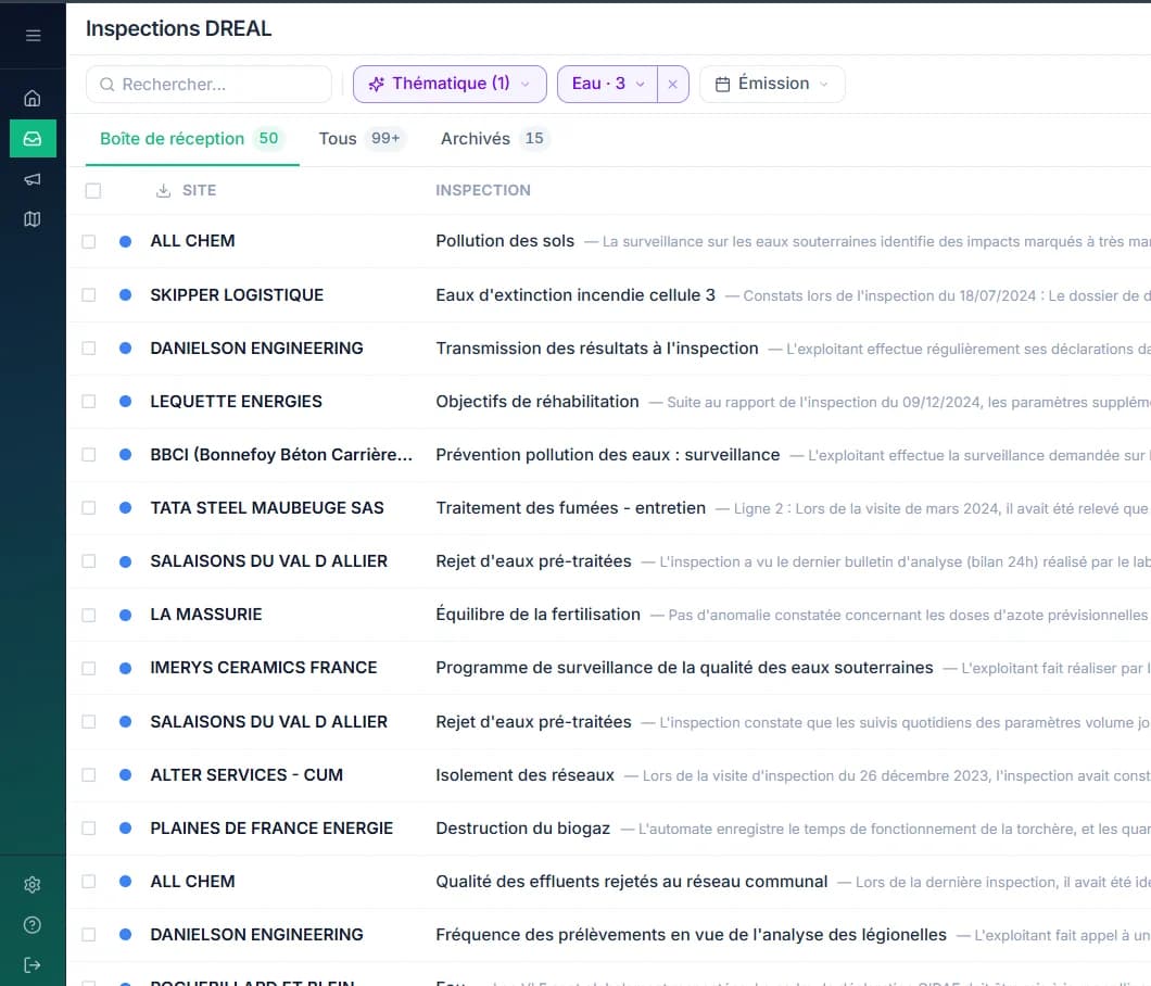 Boîte de réception Arianys : liste des points de contrôle avec filtres actifs et badges de suites