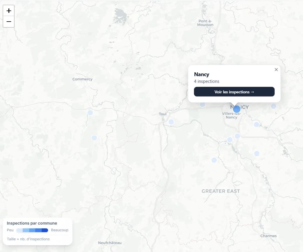 Carte de France Arianys : inspections agrégées par commune avec popup de détail